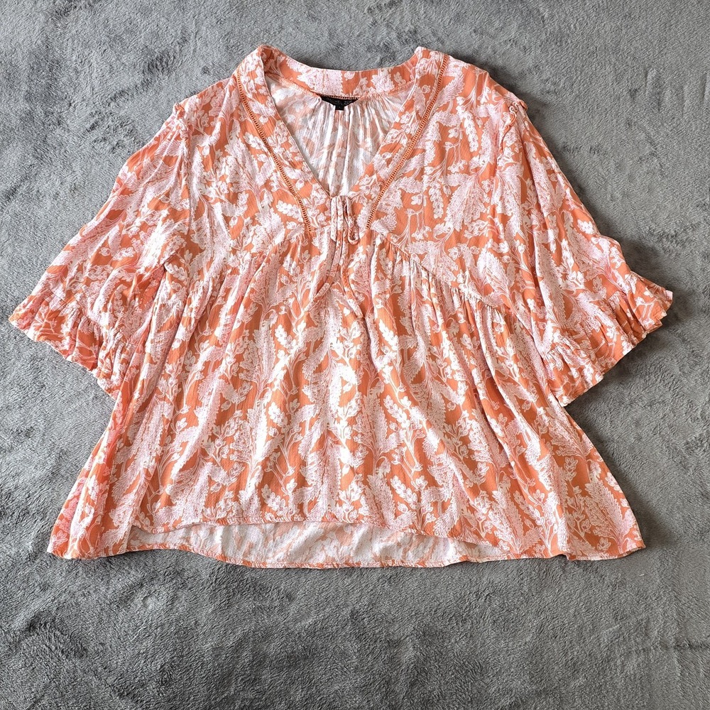 Boho Peasant Floral Babydoll Top Large Orange Flowy Resort Wear Summer